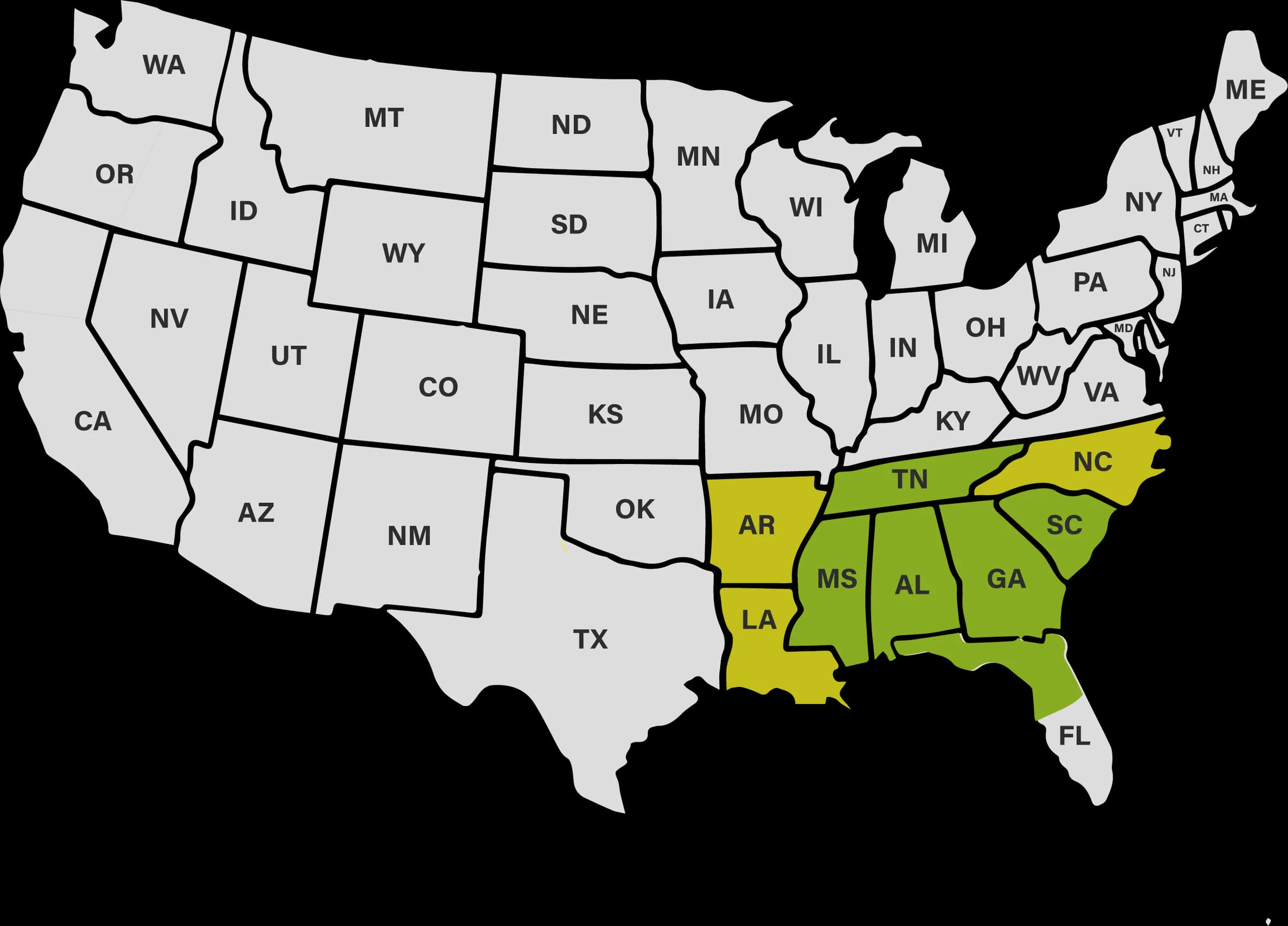 Map of the southeastern United States with World Tree's enrolling states highlighted