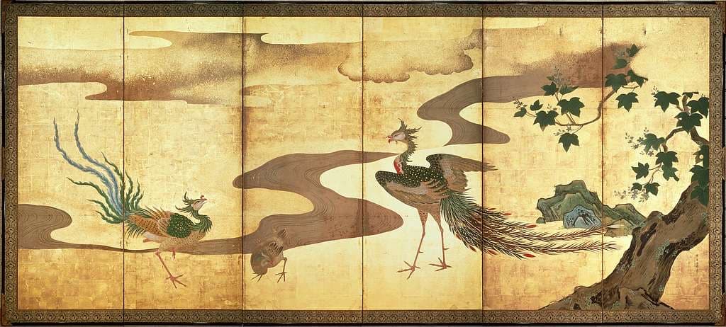 Antique Japanese gold-leaf folding screen depicting two phoenixes, one standing beside a paulownia tree